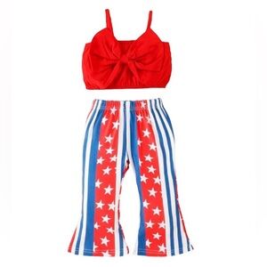 SHEIN Toddler 4th Of July Crop Top & Flare Star Pants Set NWT Big Bow Top